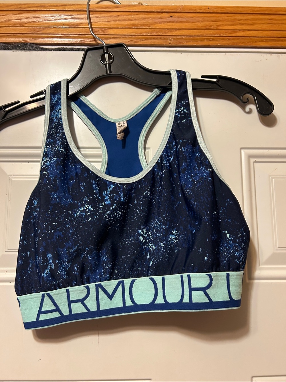 Under Armour Navy Blue Printed Sports Bra with Light Teal Trim M